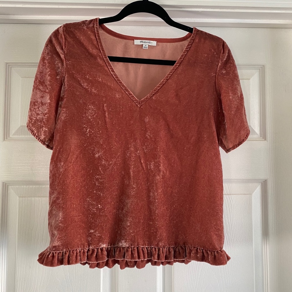 Madewell Women’s Velvet Tulip Flutter Short Sleeve Burnt Orange Ruffle Top Sz XS - Picture 5 of 7